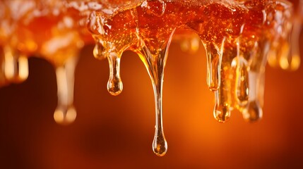 Thick, golden liquid drips slowly from a textured, suspended surface in a close up shot.