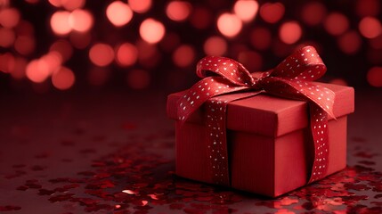 Brightly lit square gift box adorned with a dotted ribbon sits on a surface sprinkled with small reflective pieces against a background of deep red bokeh lights