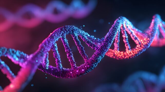 Illuminated molecular helix structure displays vibrant contrasting colors against a dark background - Powered by Adobe