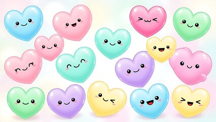 Colorful heart shaped emojis with smiling faces on pastel background