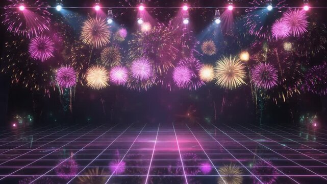 A vibrant digital illustration of a dance floor with pink and purple grid lines, surrounded by colorful fireworks and spotlights against a dark background with a lively and celebratory mood.