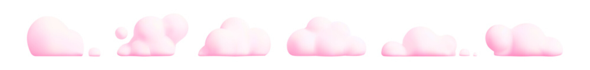 Sky-inspired 3D cloud vector set with pastel pink cotton-like shapes. Rendered balloon icons featuring soft, fluffy bubbles ideal for trendy cartoon backgrounds.