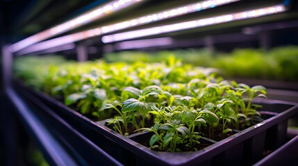 Young green seedlings flourish under artificial bright illumination in a controlled environment