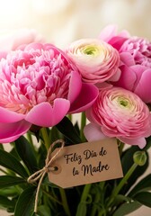 Portrait Close-Up Peony Bouquet with &ldquo;Feliz D&iacute;a de la Madre&rdquo; Tag