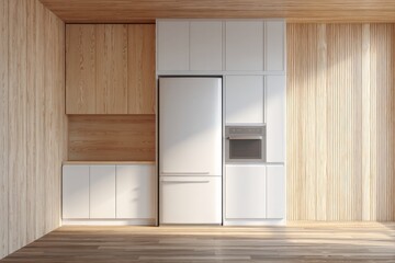 Modern kitchen with integrated appliances and natural wood accents.