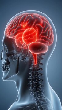 Medical illustration of brain stroke with the affected area highlighted in red colour. Neural connections in human brain. Healthcare and therapy concept