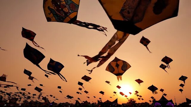 Kite Flying Festival Silhouette Against a Vibrant Sunset Sky