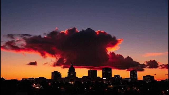 Dramatic Sunset Cloud Silhouette Over City Skyline Dome Building
