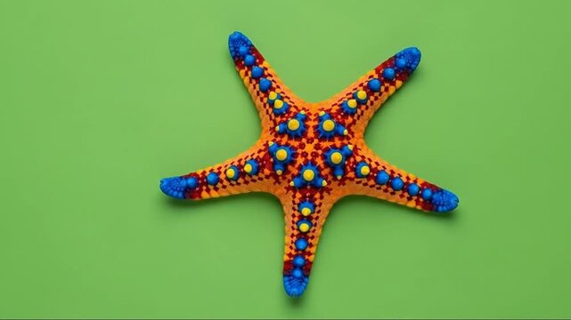 Colorful starfish with vibrant patterns displayed on a green background in a dynamic sequence of