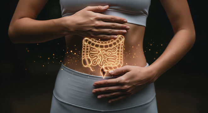 Gros plan de l'abdomen d'une femme avec des intestins lumineux stylis&eacute;s pour un concept de sant&eacute; digestive