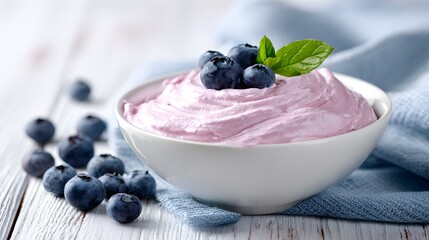 Creamy purple dessert topped with fresh berries and mint rests on a rustic white wooden surface.