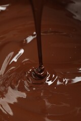Tasty melted chocolate flowing down, closeup view