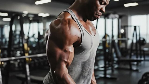 Muscular Black Man Sweating While Lifting Dumbbell in Gym Workout Session Intense Strength Training