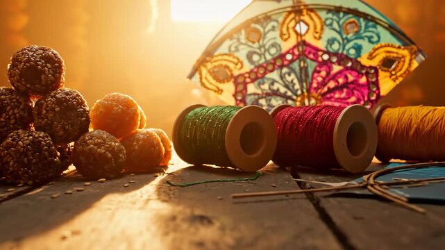Festive Til Ladoo and Manja Thread for Kite Flying during Makar Sankranti