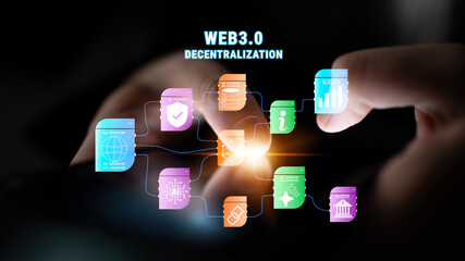 The Web 3.0 decentralization technology ecosystem. A flowchart of interconnected concepts like AI, blockchain, security, and decentralized finance. Motif