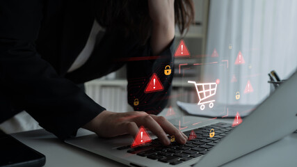 A security alert concept for e-commerce. This warning signifies a risk in an online shopping...