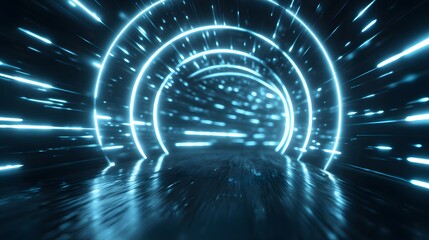 Glowing neon rings illuminate a dark, futuristic digital hyperspace tunnel environment