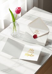Portrait Elegant Mother&rsquo;s Day Card Mockup &mdash; Gold Foil &ldquo;Feliz D&iacute;a de la Madre&rdquo; &mdash; Print Card Mockup