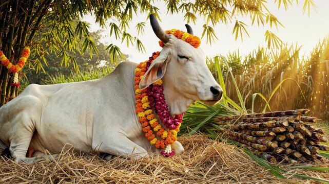 Decorated white Indian Zebu cow celebrating harvest festival