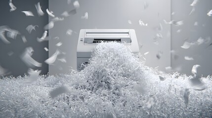 Document destruction machine produces a large mound of fine paper strips in a monochrome setting