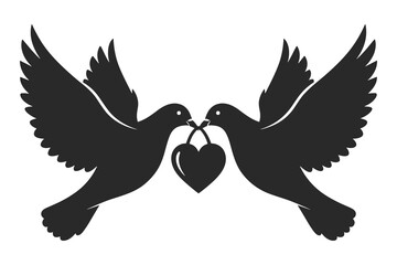 Two doves flying toward each other holding a heart symbol in silhouette
