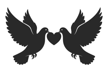 Two silhouette doves flying toward each other holding a heart symbol