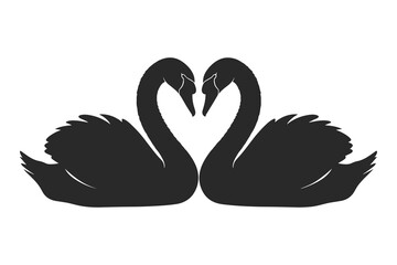 Two black swans form a heart shape with their necks in a simple silhouette