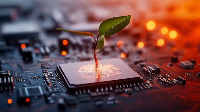 Green sprout microchip circuit board technology sustainability eco innovation growth future vision with green energy digital roots rising