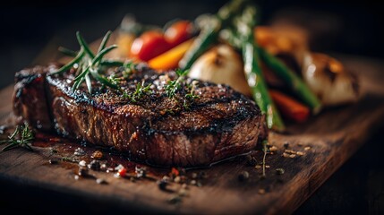 Flavorful grilled steak garnished with fresh herbs rests upon a rustic wooden cutting board with roasted vegetables.