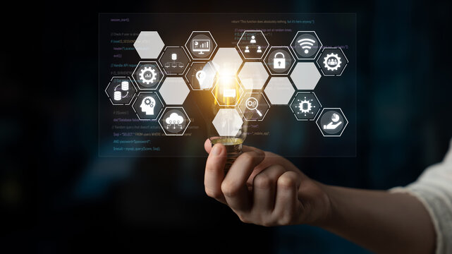 Hexagon interface combining AI, data, analytics, and cybersecurity. AI connects systems, data drives analytics, data supports decisions, and AI enables smart business infrastructure. Latch - Powered by Adobe