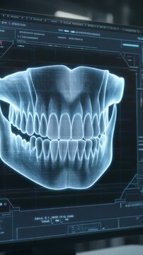 An x-ray showing teeth on a monitor in blue, a dental scan image.