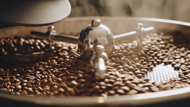Roasted coffee beans tumble in a commercial roaster with a metallic stirrer, steam present