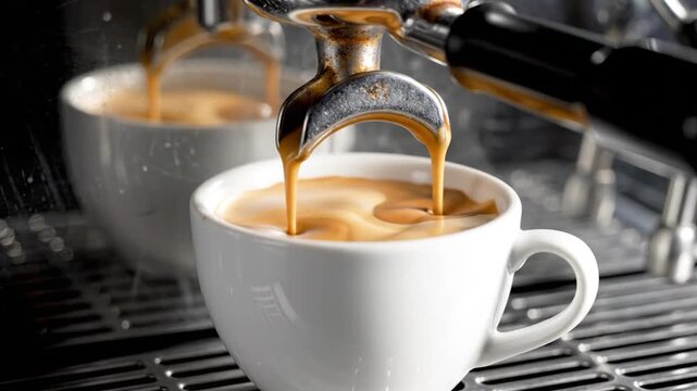 Hot espresso streams into a white cup from a chrome machine