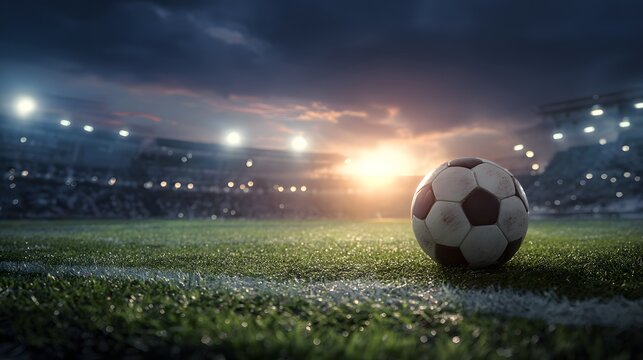 Classic football rests upon damp grass near a white boundary line under bright stadium lights at dusk
