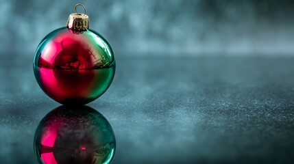 Iridescent spherical decoration rests upon a dark reflective surface against a moody background