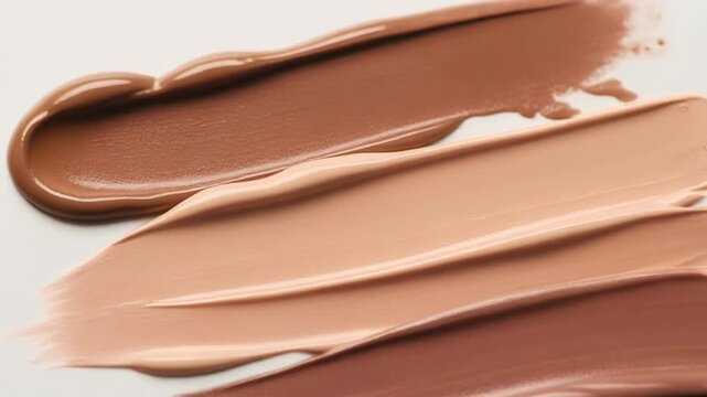Closeup of various shades of liquid foundation swatches on a white background showcasing diverse skin tones. 4k Beauty Video