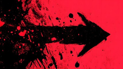 Bold black arrow mark explodes across a vivid red distressed background with splatters