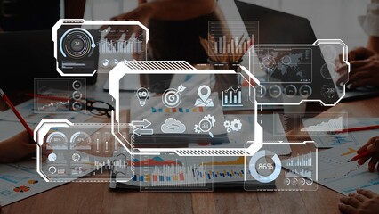 Dynamic overlay of data analytics visuals in a modern workspace, illustrating collaboration, strategy, and intelligence in business decision-making processes. Raster