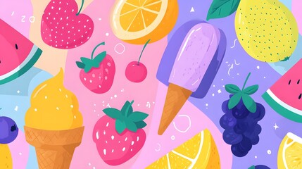Brightly colored summer treats and fruits are scattered across a pastel background