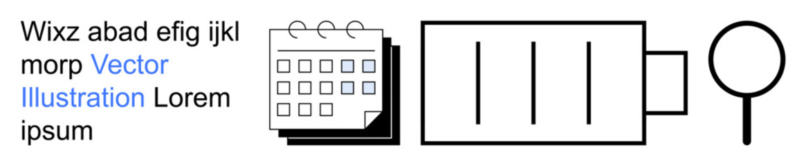 Organization, planning, research, data analysis, workflow management, and scheduling. A calendar, folder and magnifying glass in a minimalist style. Organization and planning