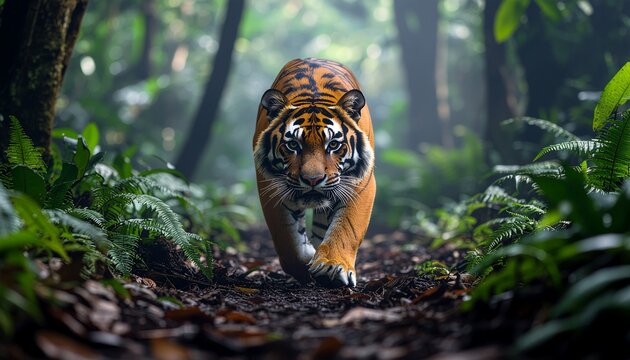 ジャングルを歩くトラの迫力ある野生動物写真