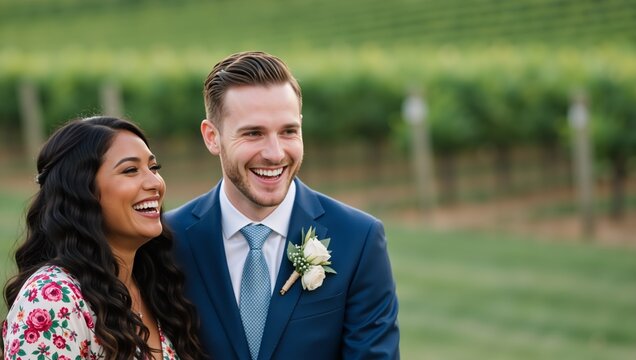 A happy smiling couple (bride and groom/guests) outdoors against a vineyard backdrop. The man is wearing a blue suit with a boutonniere and the woman is wearing a floral dress. - Powered by Adobe