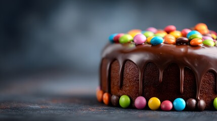Rich chocolate layer confection decorated with colorful candy drops sits on a textured surface