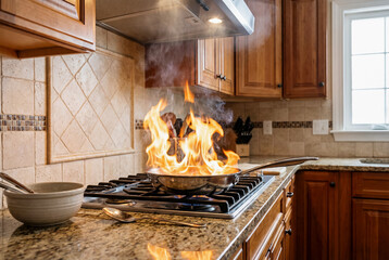 Intense grease fire in a pan on a gas range in a modern kitchen, concept of household fire danger, prevention, and home insurance risk.
