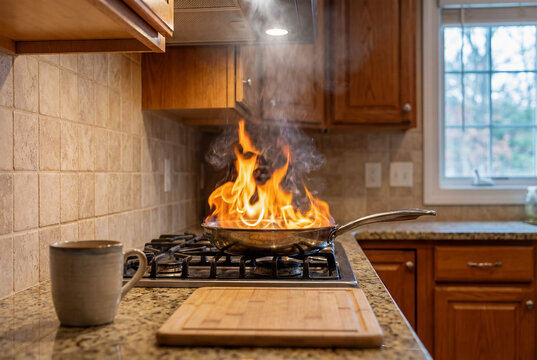 Flames rise from a stainless steel pan on a gas cooktop in a residential kitchen, representing grease fire, cooking hazard, and safety awareness