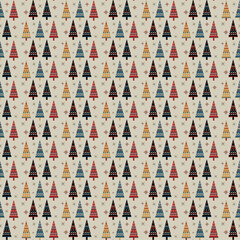 Seamless repeating pattern of stylized colorful Christmas trees decorated with geometric folk art motifs on soft neutral background Ideal for sophisticated holiday designs Vector