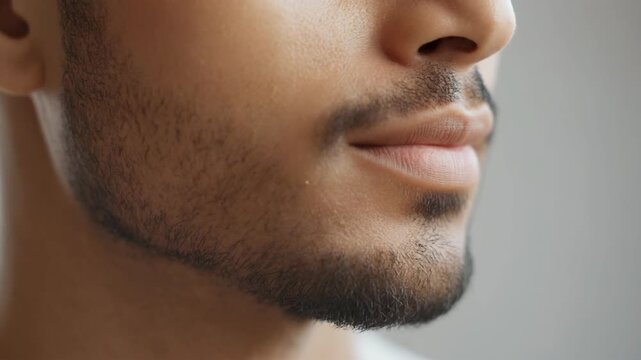Closeup of a mans face with a beard showing his profile and facial hair. 4k Beauty Video