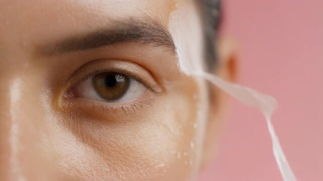 Closeup of a persons eye with an undereye patch focusing on skincare and beauty routine. 4k Beauty Video