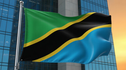 Majestic Tanzania flag waving proudly near modern building, symbolizing national pride, unity and independence day celebrations with patriotic fervor