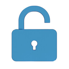 開いた南京錠のフラットなアイコンの3Dイラスト。透明感のある青いグラスモーフィズムなマーク2。Clean-looking icons suitable for business and UI